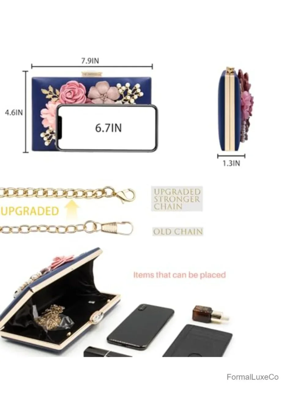 Floral Faux Leather Evening Clutch with Chain Strap
